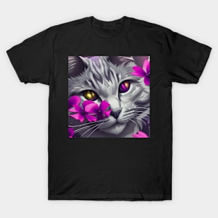 Grey Cat Wolf Surrounded by Purple Flowers T-Shirt